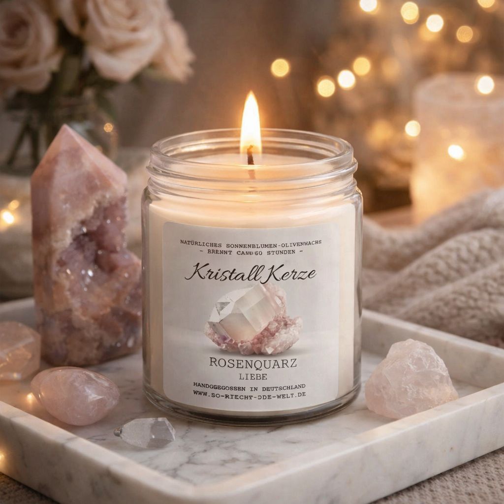 Bougie parfumée au cristal de Quartz Rose – Édition Premium cachemire et patchouli