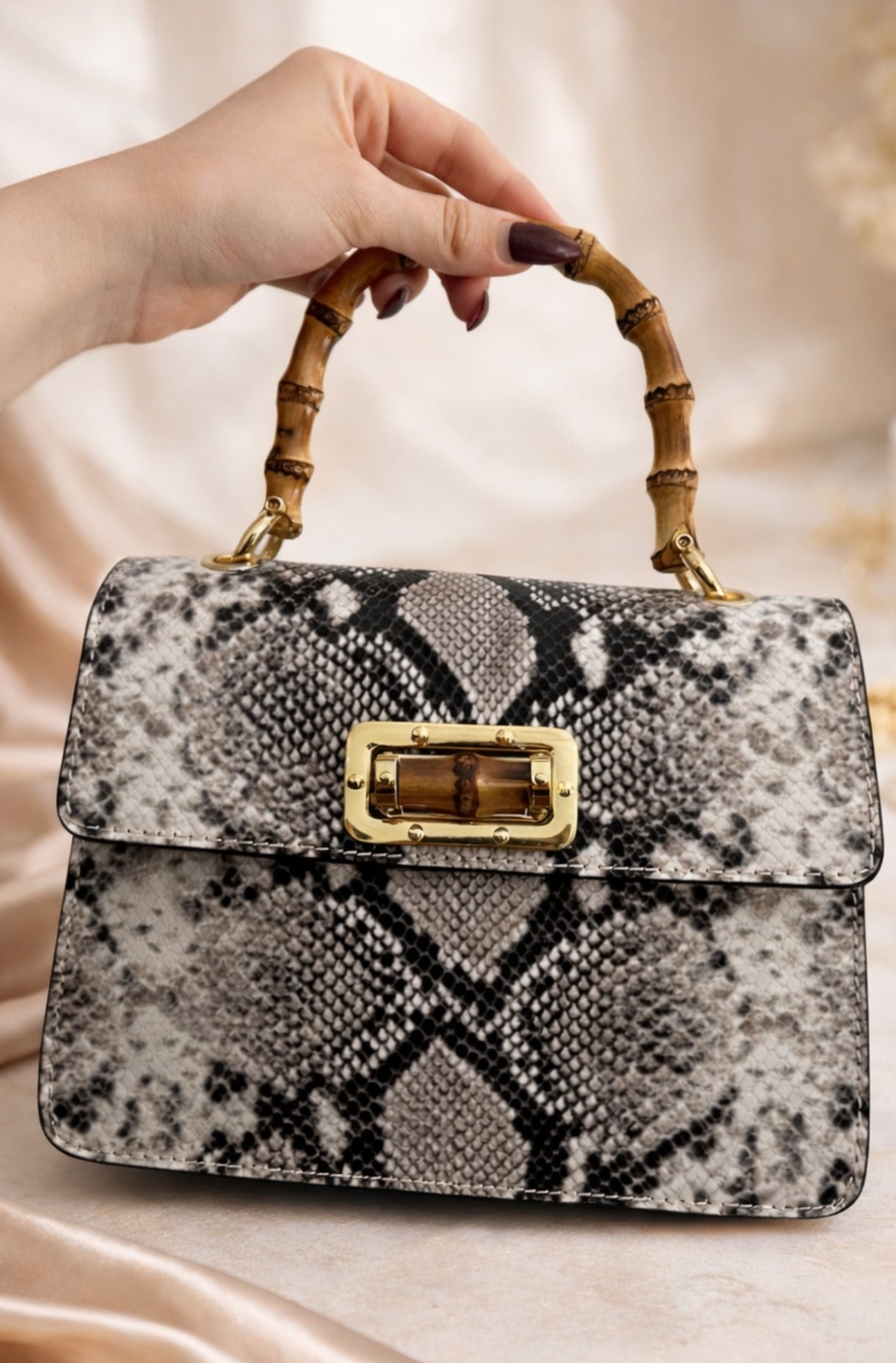 Sac à main en cuir collection ALMA inspiration python ance bambou